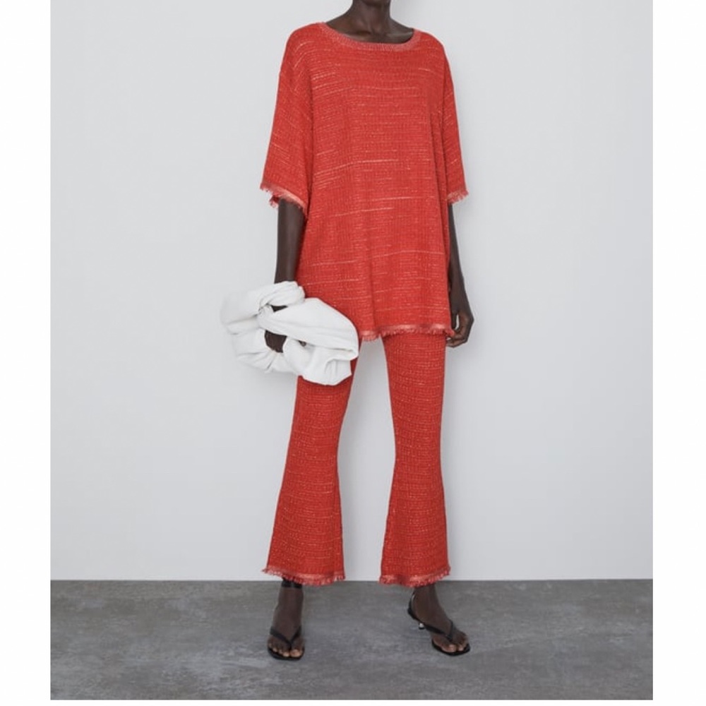 NWT! Zara Coral Textured Knit Pant Set w/ Metallic thread